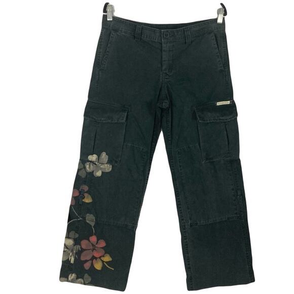 Vintage Y2K Lucky Brand Pants 4/27 W34 Cargo Black Floral Wide-Leg Roll-Tab Logo